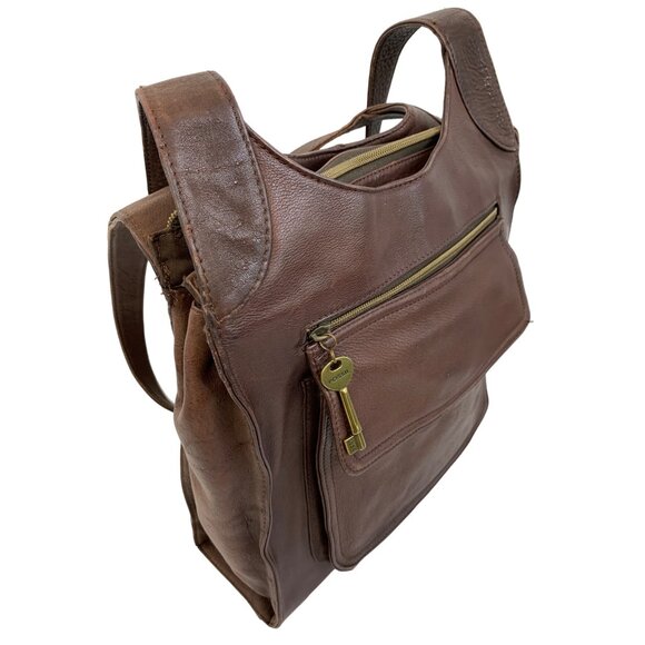 Womens VTG Fossil Brown Pebbled Leather Shoulder Bag Roomy Size Charm Detail GUC - Picture 12 of 16